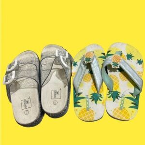 Pineapple Print Kids Flip Flops and Light Gray Glitter Buckle Sandals
